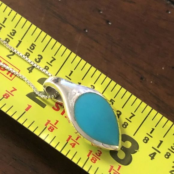 Vintage Sterling Silver and Turquoise Pendant On Sterling Silver Necklace - Picture 2 of 8